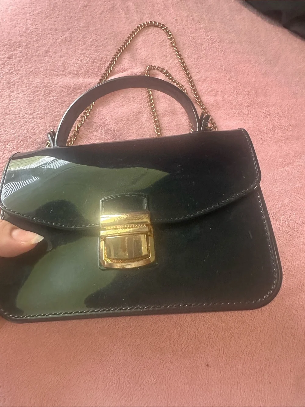 Black Patent Leather Top-Handle Shoulder Bag with Gold Hardware
